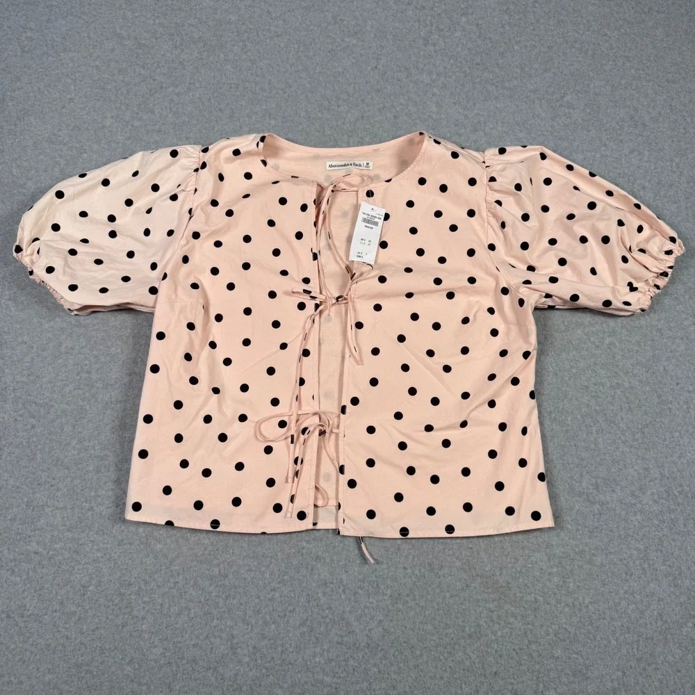 Abercrombie & Fitch Pink Polka Dot Coquette Puff Sleeve Cotton Top Medium New